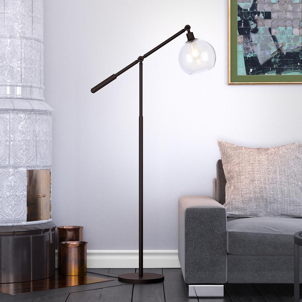 Dardan 60.62" Tall Floor Lamp with Glass Shade in Blackened Bronze/Seeded