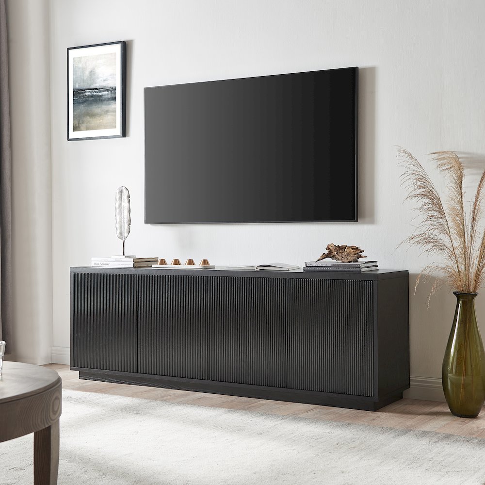 TV Stand for TVs up to 75",  2 Concealed Ribbed Storage Cabinets, Natural Black