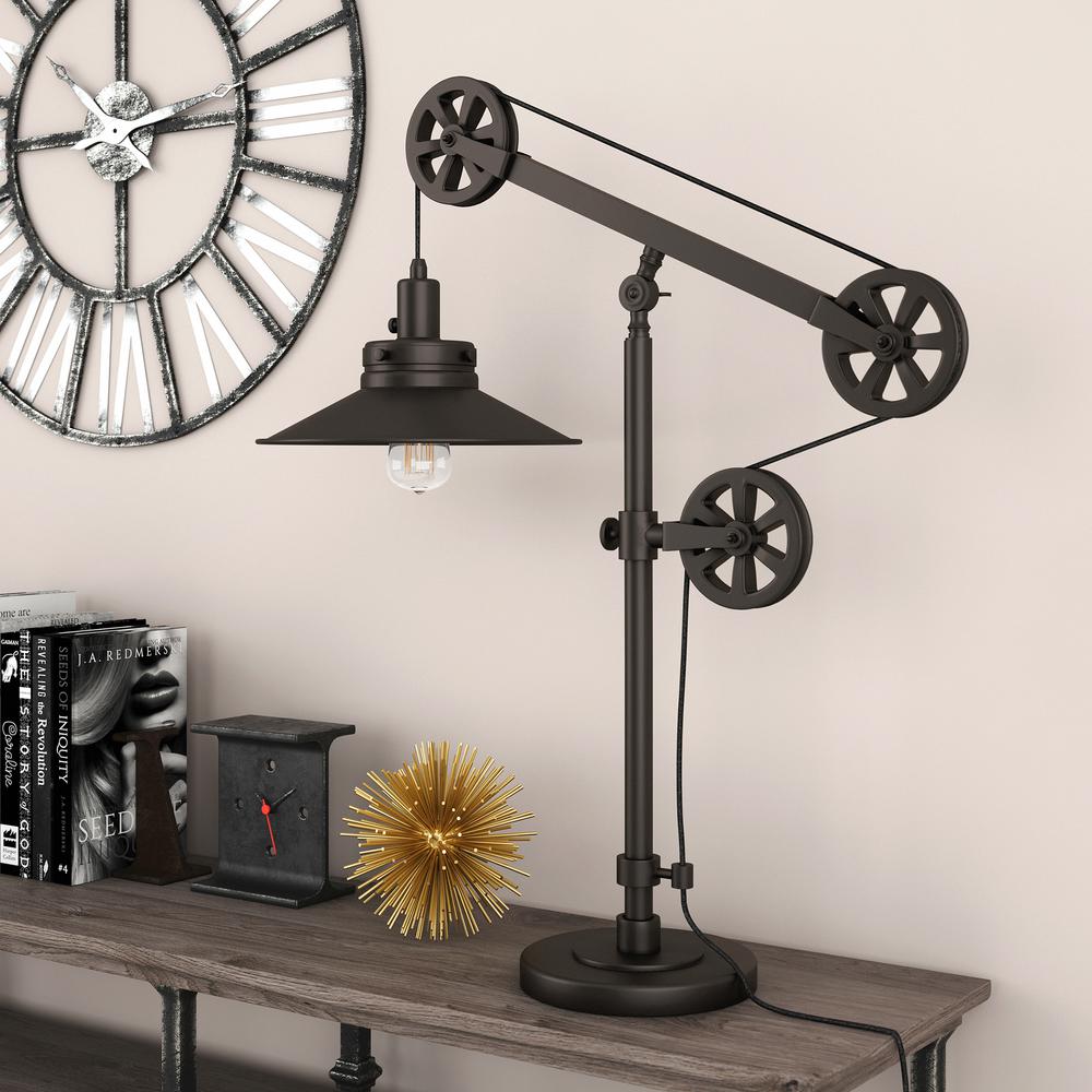 Descartes 29" Tall Wide Brim/Pulley System Table Lamp with Metal Shade in Blackened Bronze/Blackened Bronze