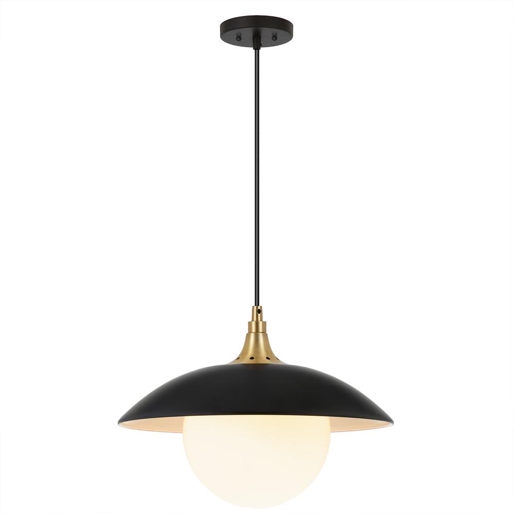 Alvia 14.5" Wide Pendant with Metal/Glass Shade in Matte Black/Brass/White