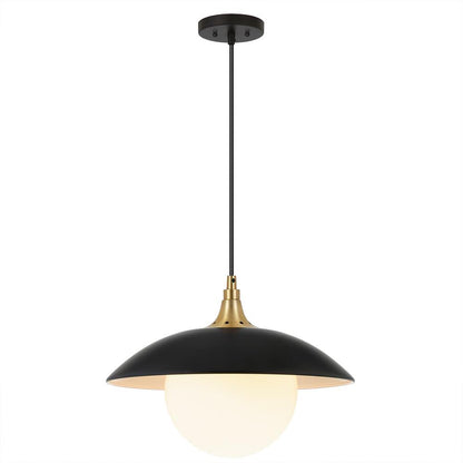 Alvia 14.5" Wide Pendant with Metal/Glass Shade in Matte Black/Brass/White