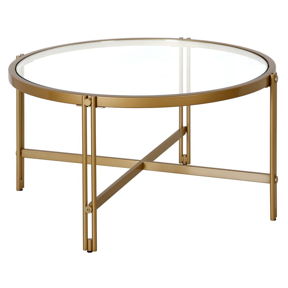 Inez 32" Wide Round Coffee Table in Brass