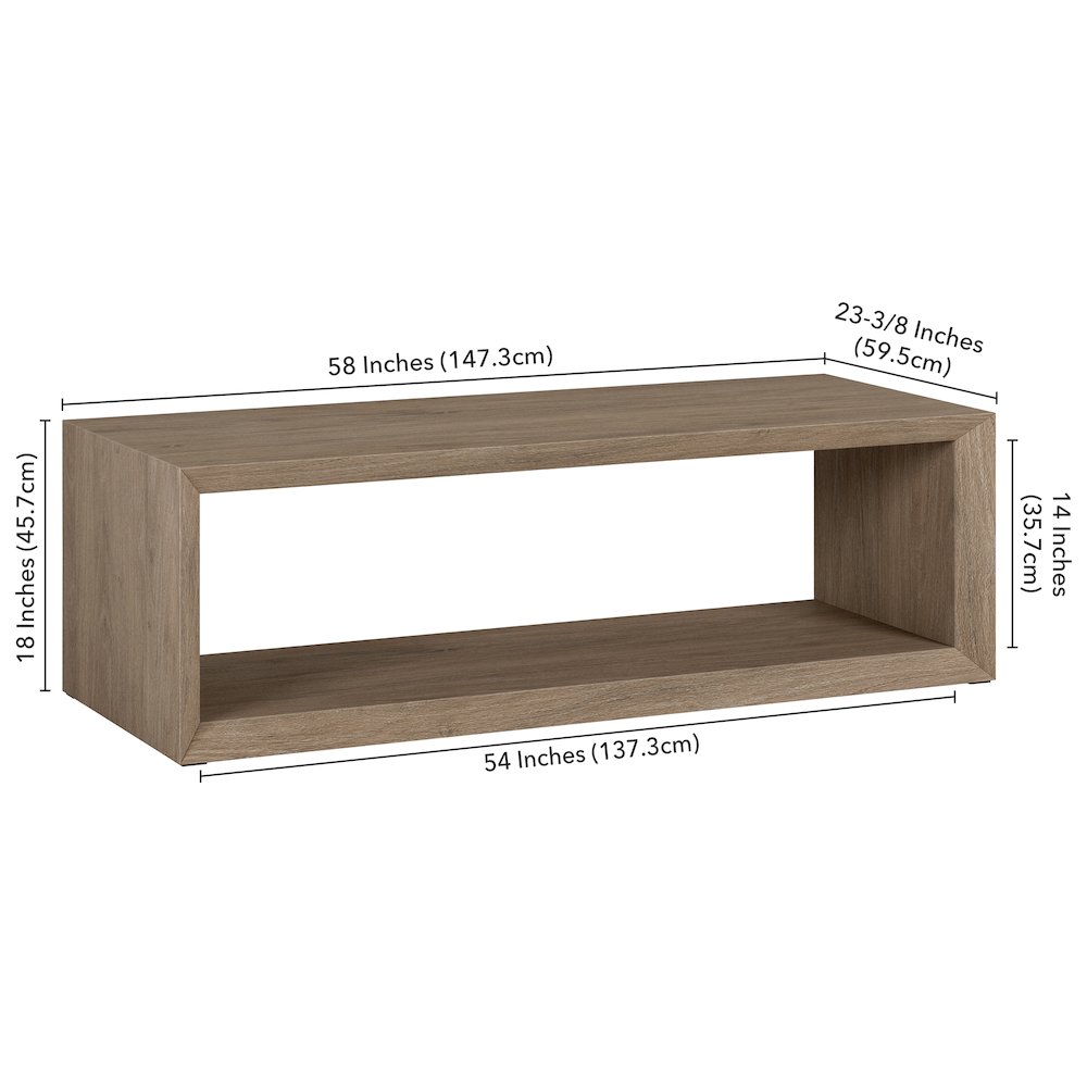 58" Rectangular Coffee Table with Open Storage Shelf, Weathered Gray