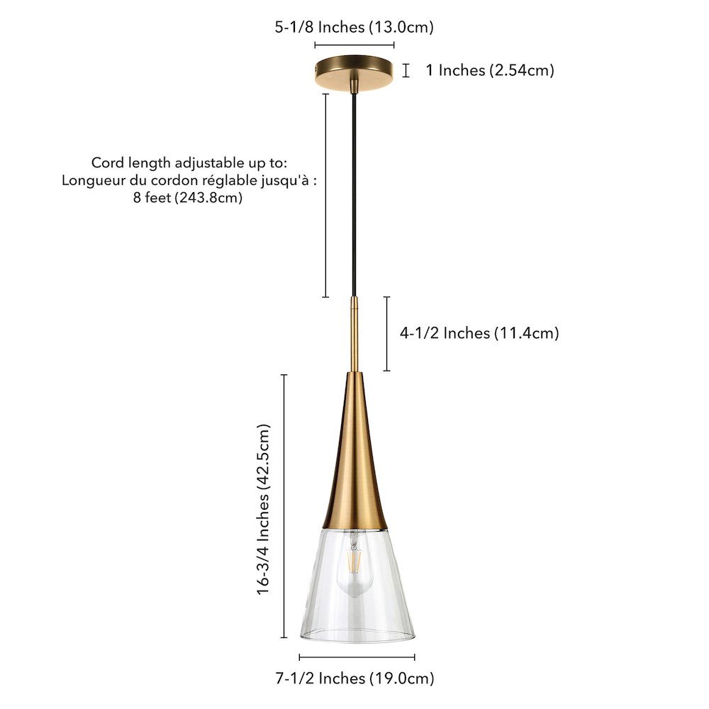 7'' Modern Pendant Light Fixture with Clear Glass Cone Shade and 8' Cord, Gold
