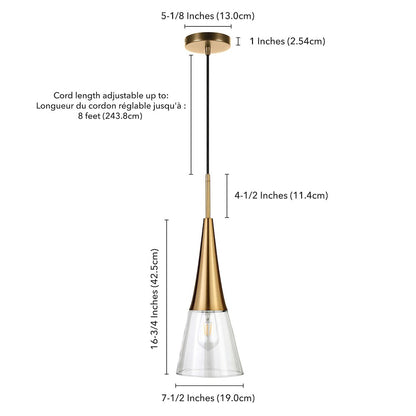 7'' Modern Pendant Light Fixture with Clear Glass Cone Shade and 8' Cord, Gold
