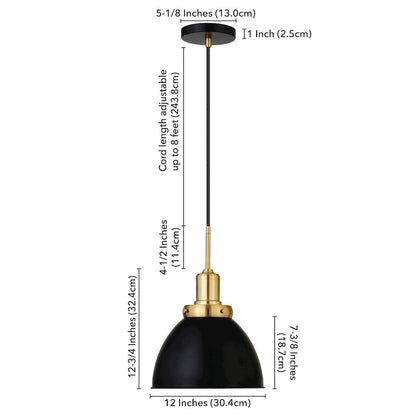 12" Industrial Two-Toned Pendant Light Fixture with  Shade and 8', Ebony/Gold