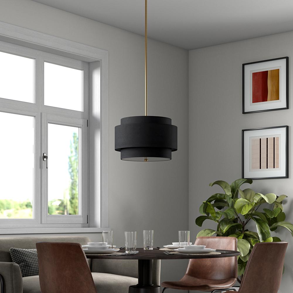 Solomon 16" Wide 2-Light Pendant with Tiered Fabric Shade in Brass/Black