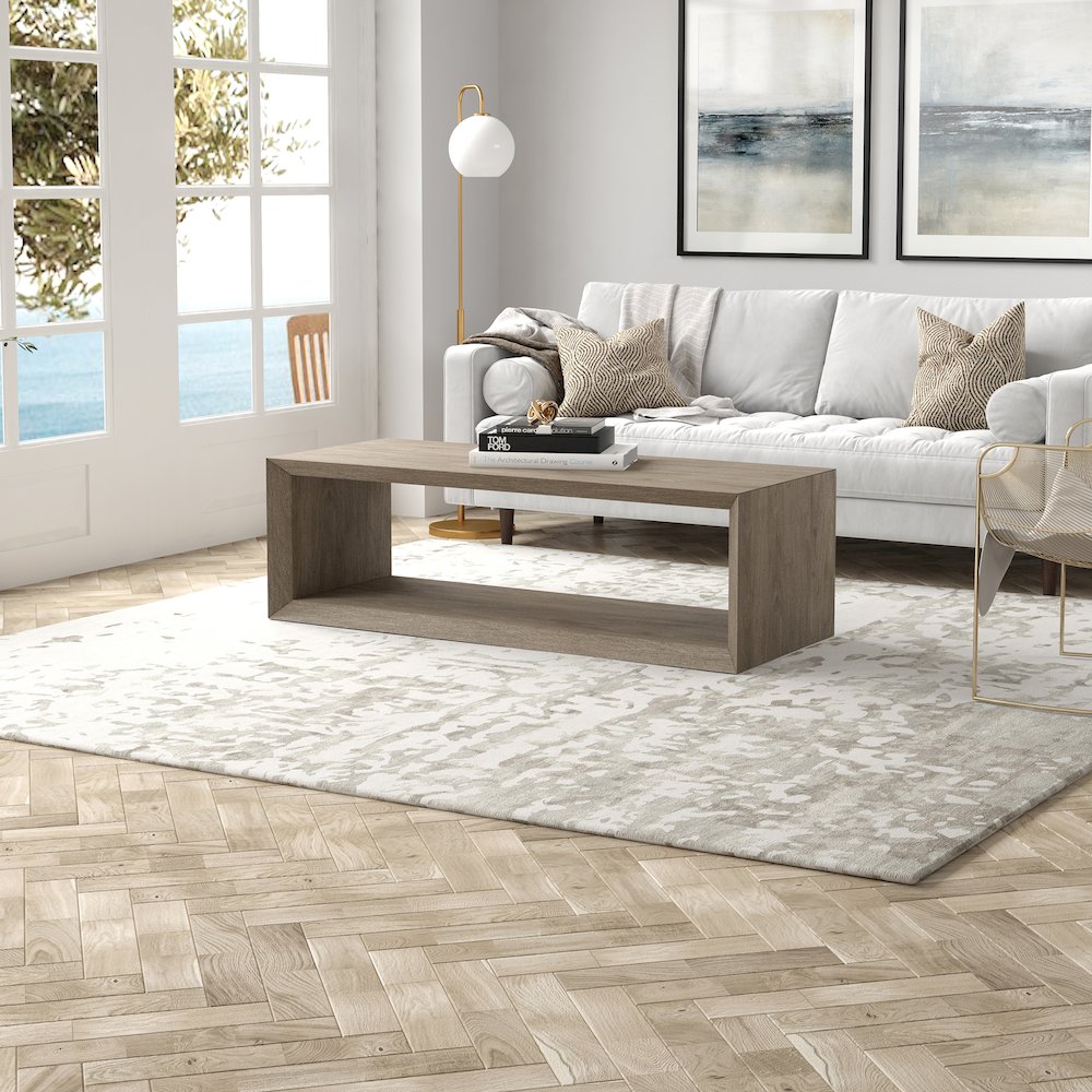 58" Rectangular Coffee Table with Open Storage Shelf, Weathered Gray