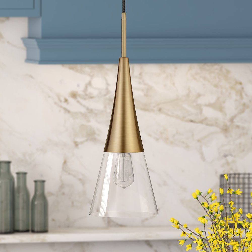 7'' Modern Pendant Light Fixture with Clear Glass Cone Shade and 8' Cord, Gold