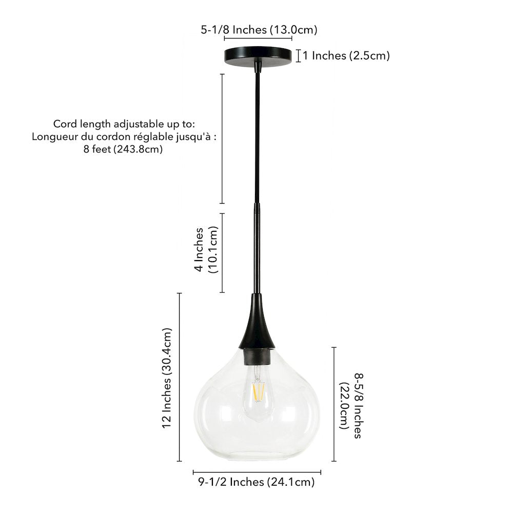 9" Mid-Century Pendant Light Fixture with Glass Shade and 8' Cord, Flat Black