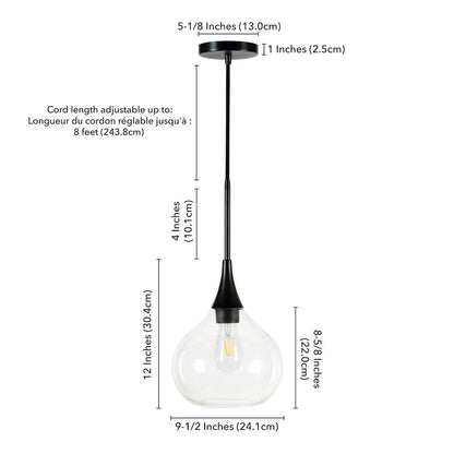 9" Mid-Century Pendant Light Fixture with Glass Shade and 8' Cord, Flat Black