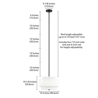 16" Wide 2-Light Pendant with Tiered Fabric Shade in Blackened Bronze/White