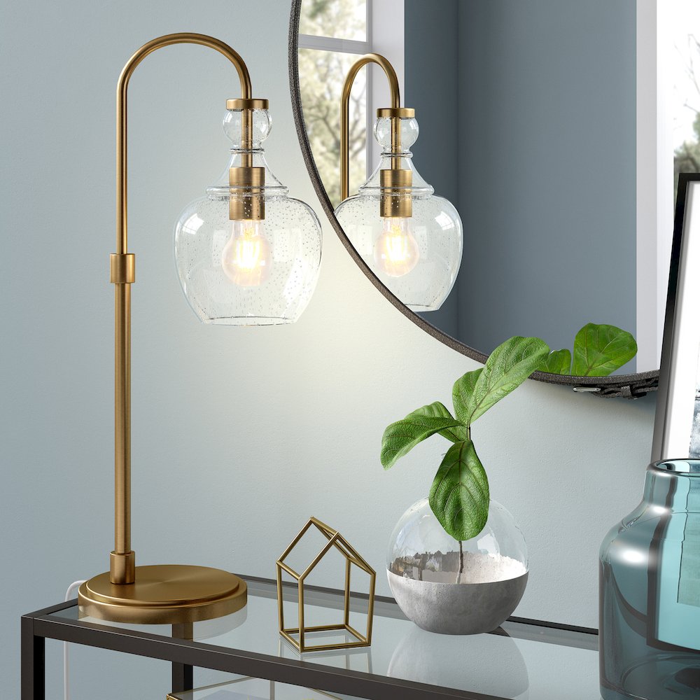 27" Mid-Century 1-Light Table Lamp with Glass Dome Shade, Brushed Gold