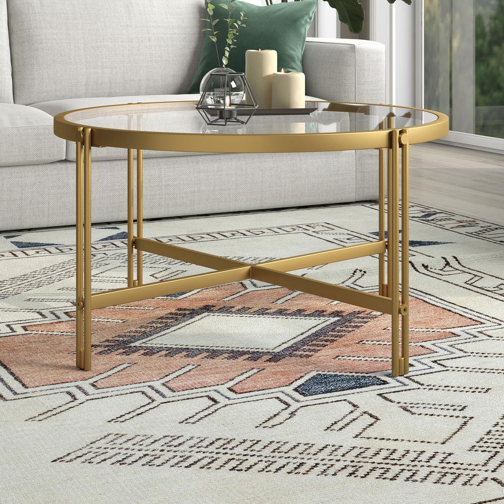 Inez 32" Wide Round Coffee Table in Brass