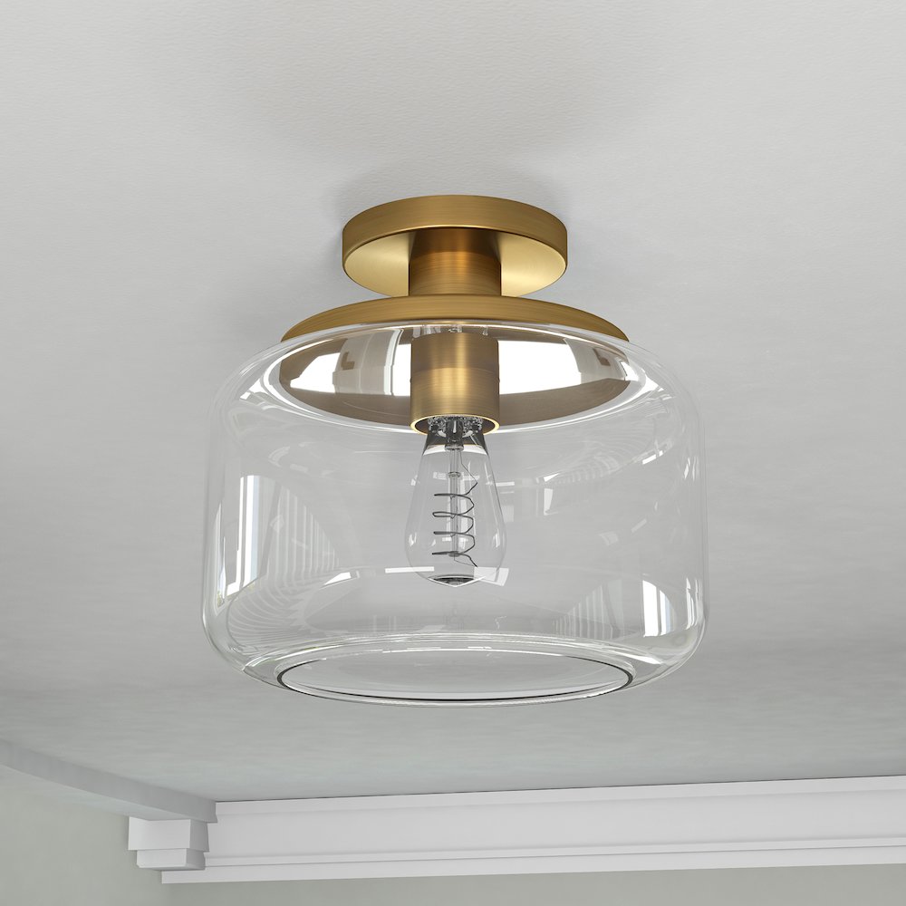 Tatum 11" Wide Semi Flush Mount with Glass Shade in Brushed Brass/Clear