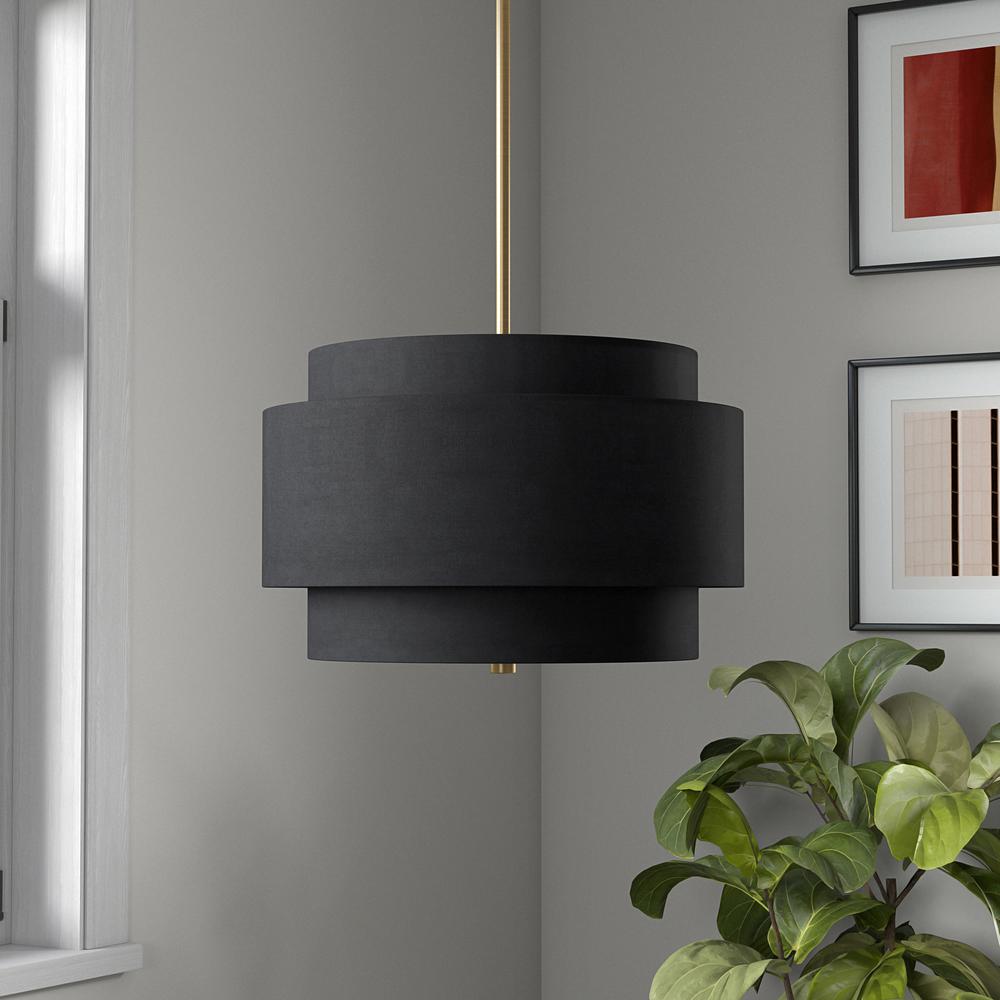 Solomon 16" Wide 2-Light Pendant with Tiered Fabric Shade in Brass/Black