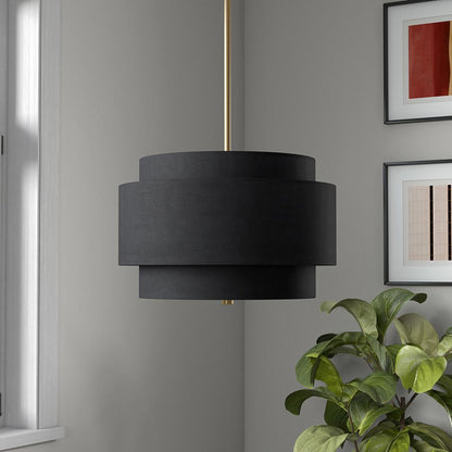 Solomon 16" Wide 2-Light Pendant with Tiered Fabric Shade in Brass/Black