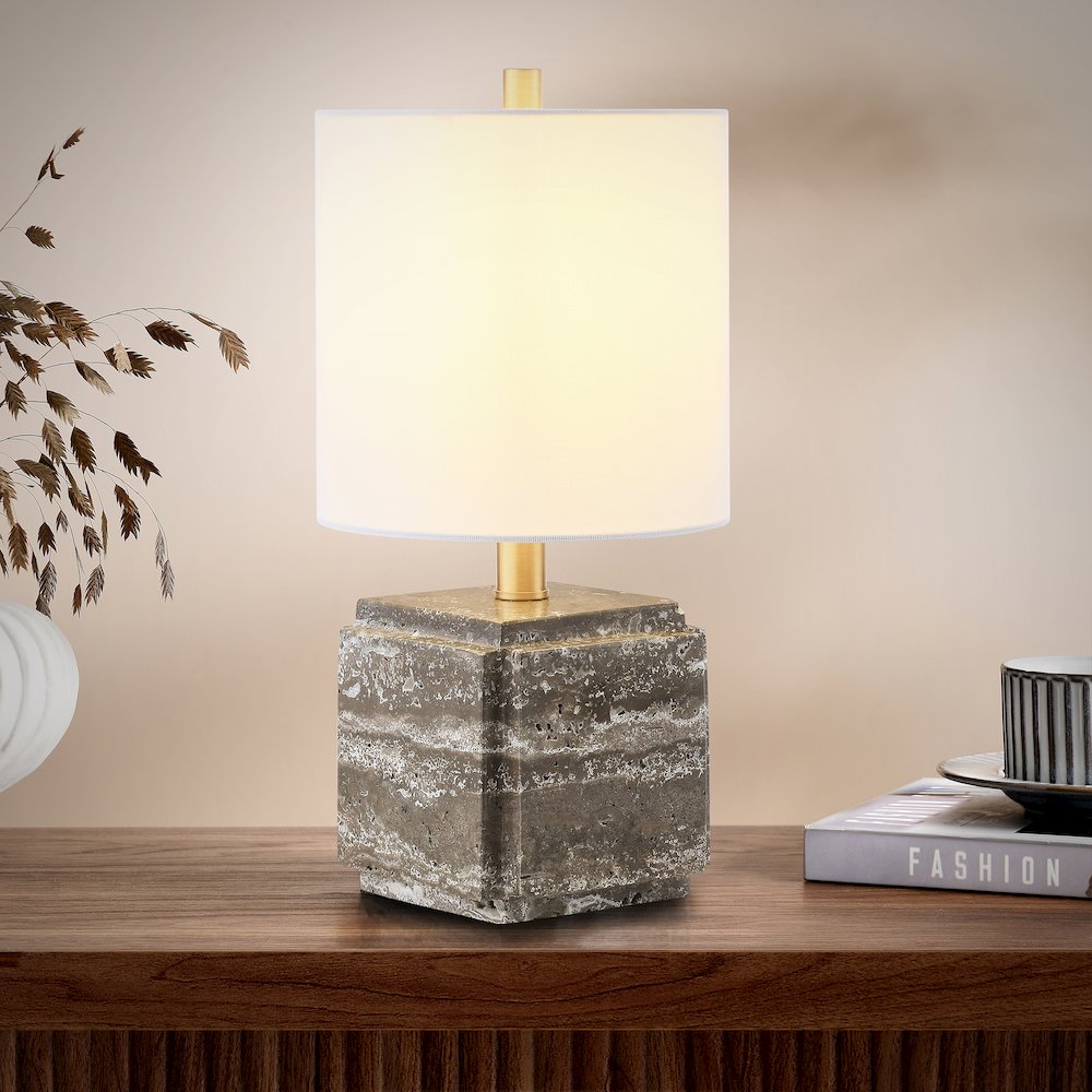 Pacha 16" Tall Stone Table Lamp with Fabric Shade in Gray Veined Travertine