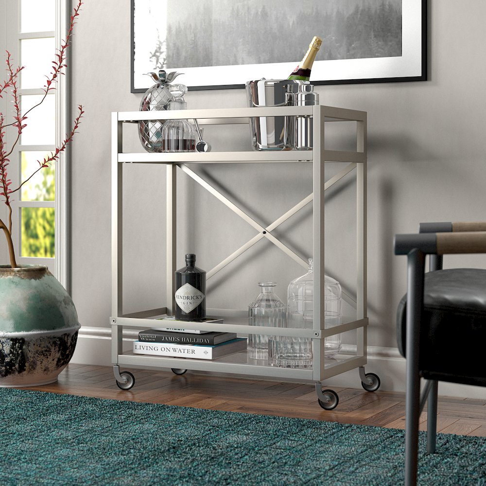30'' 2-Tier Portable Bar Cart with Glass Shelves and Caster Wheels, Satin Silver