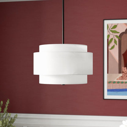 16" Wide 2-Light Pendant with Tiered Fabric Shade in Blackened Bronze/White