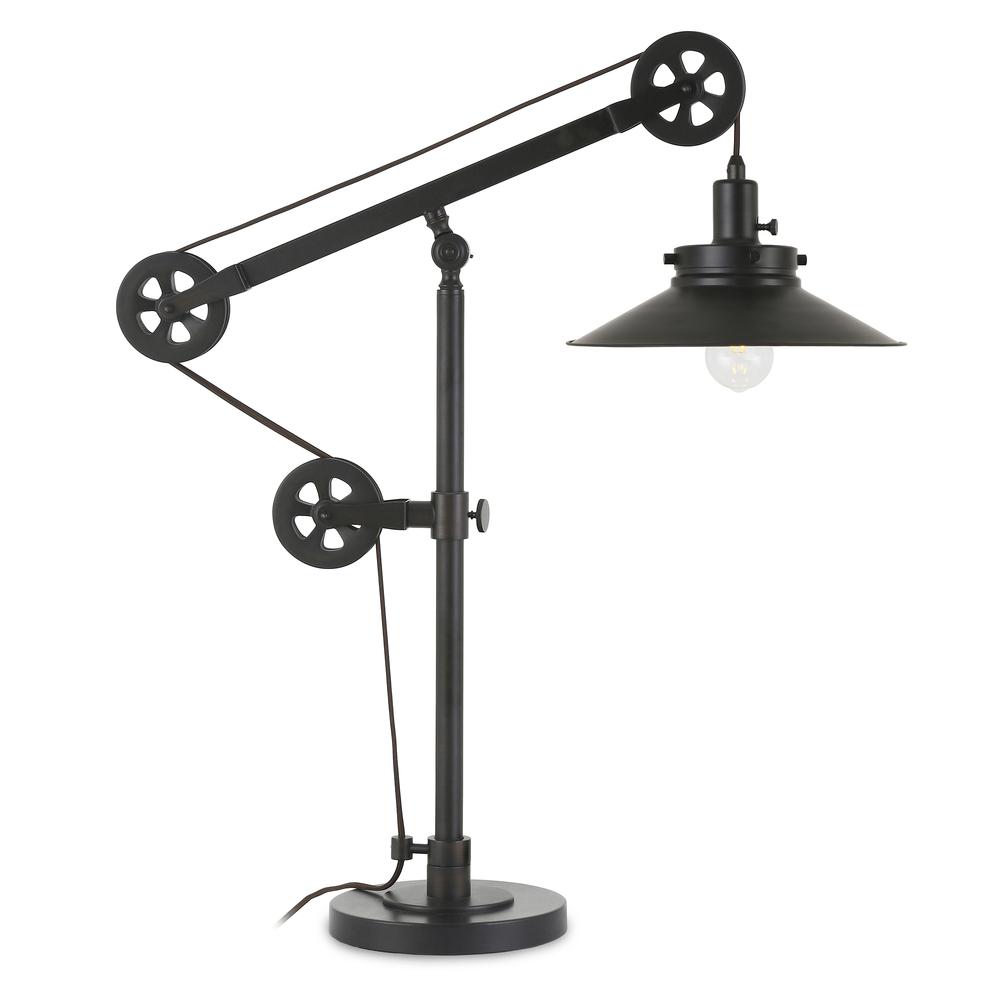 Descartes 29" Tall Wide Brim/Pulley System Table Lamp with Metal Shade in Blackened Bronze/Blackened Bronze