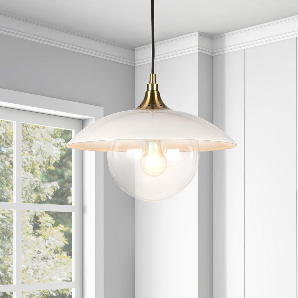 Alvia 14.5" Wide Pendant with Metal/Glass Shade in Pearled White/Brass/Pearled White