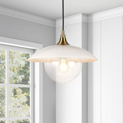 Alvia 14.5" Wide Pendant with Metal/Glass Shade in Pearled White/Brass/Pearled White