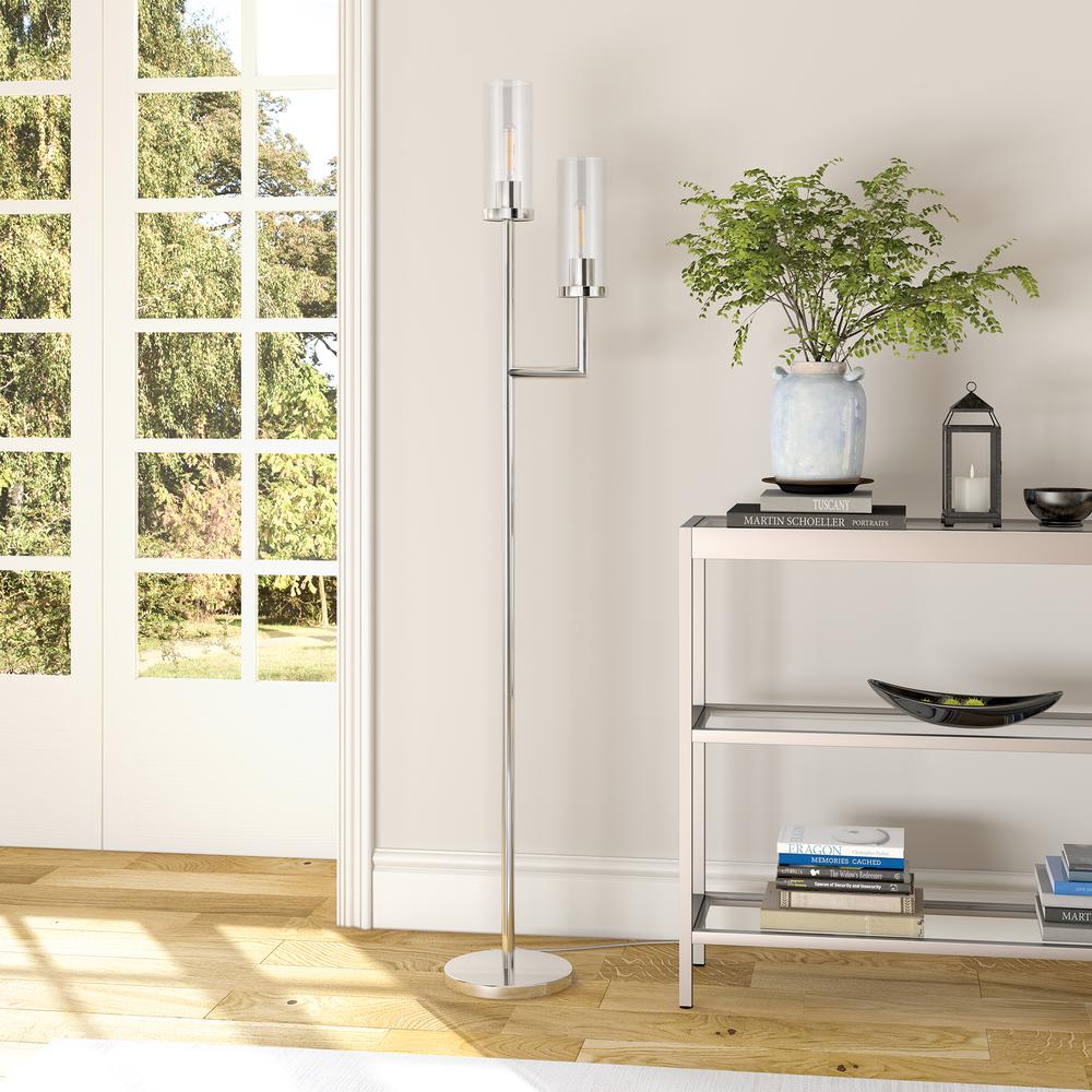 Basso 2-Light Torchiere Floor Lamp with Glass Shade in Polished Nickel/Clear