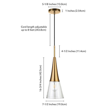7'' Modern Pendant Light Fixture with Clear Glass Cone Shade and 8' Cord, Gold