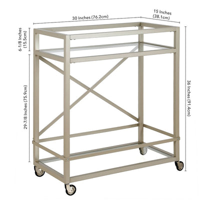 30'' 2-Tier Portable Bar Cart with Glass Shelves and Caster Wheels, Satin Silver