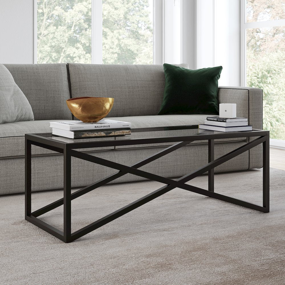 46" Rectangular Coffee Table with Glass Top, Black