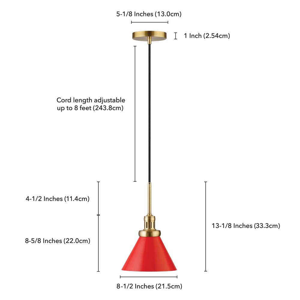 Zeno 8.5" Wide Pendant with Metal Shade in Poppy Red/Brass/Poppy Red