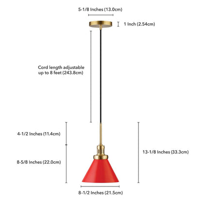 Zeno 8.5" Wide Pendant with Metal Shade in Poppy Red/Brass/Poppy Red