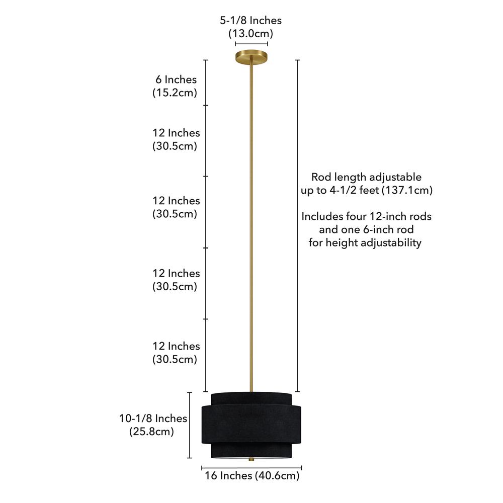 Solomon 16" Wide 2-Light Pendant with Tiered Fabric Shade in Brass/Black