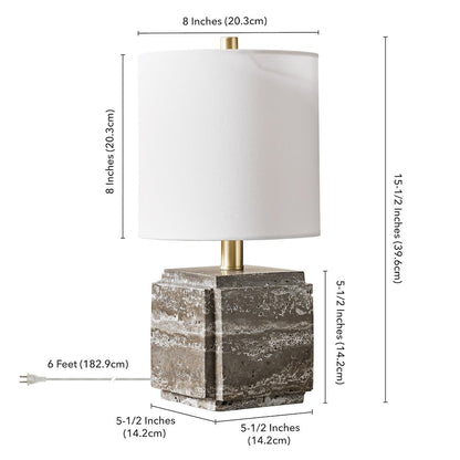 Pacha 16" Tall Stone Table Lamp with Fabric Shade in Gray Veined Travertine