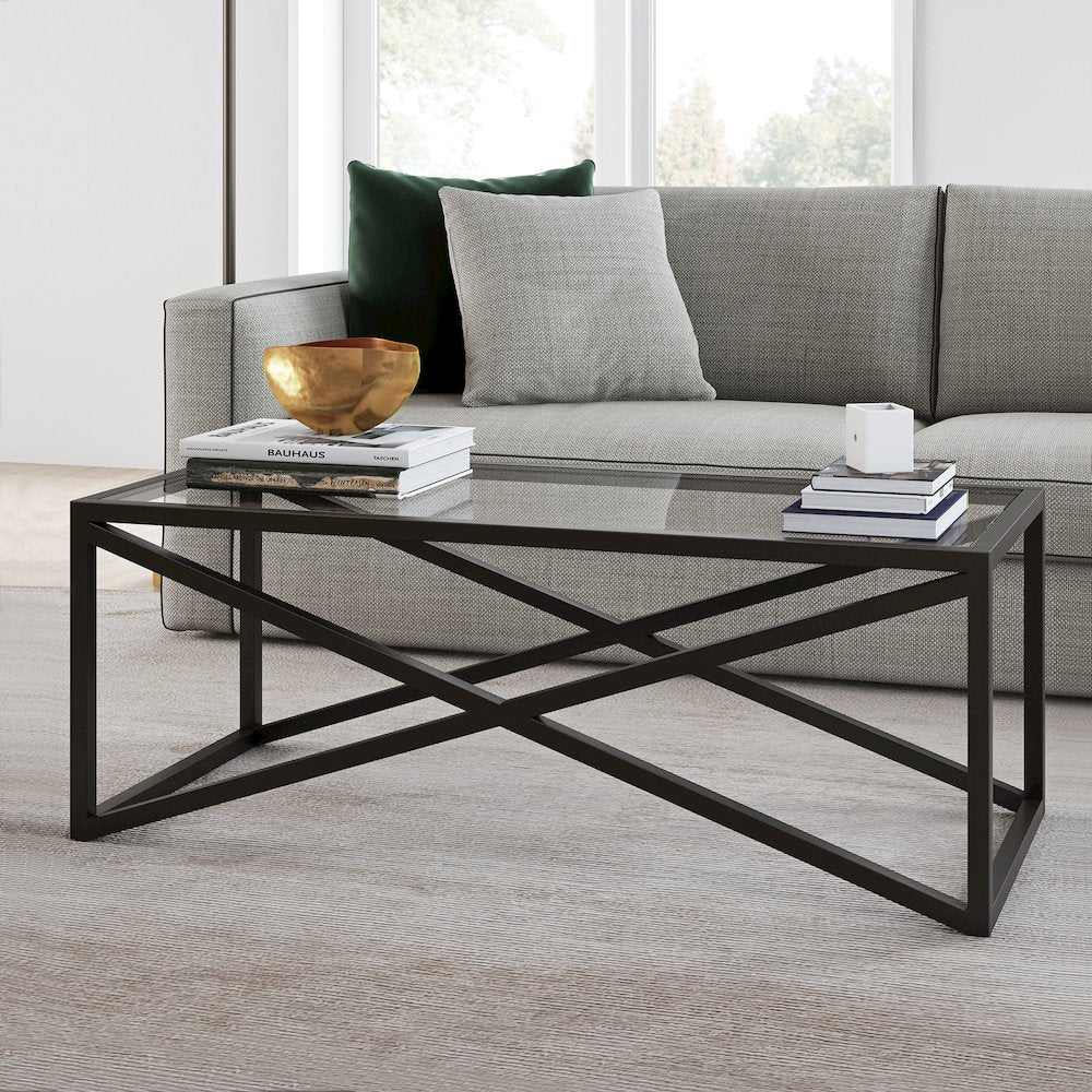 46" Rectangular Coffee Table with Glass Top, Black