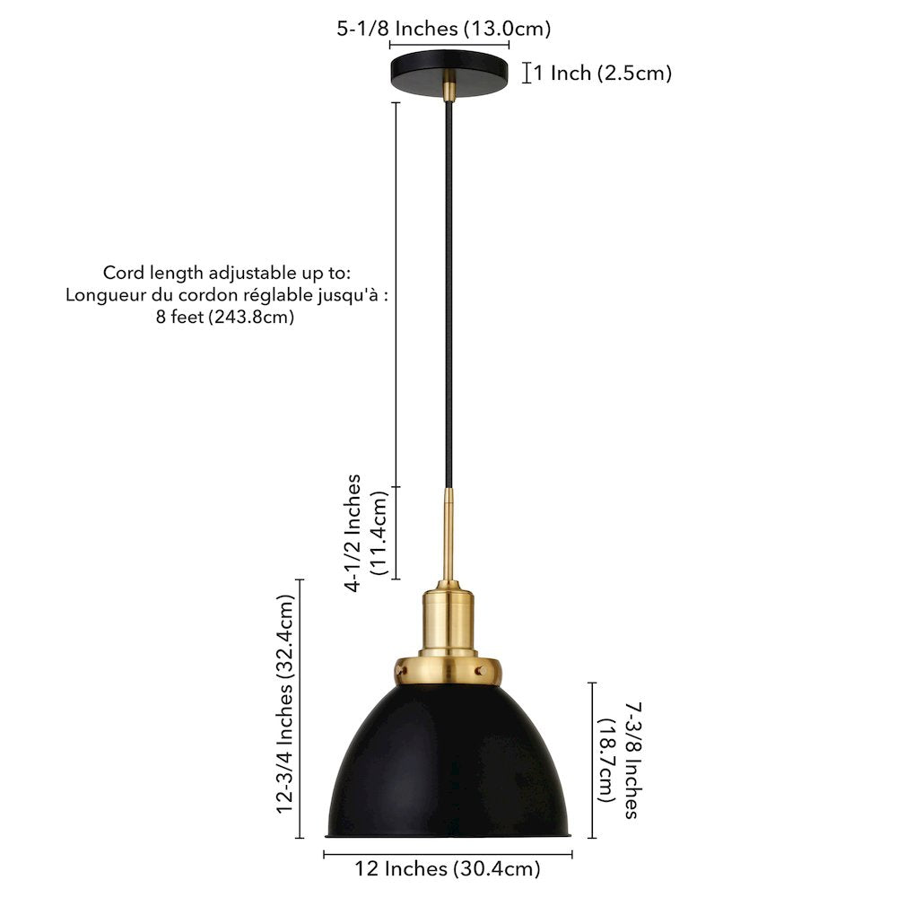 12" Industrial Two-Toned Pendant Light Fixture with  Shade and 8', Ebony/Gold