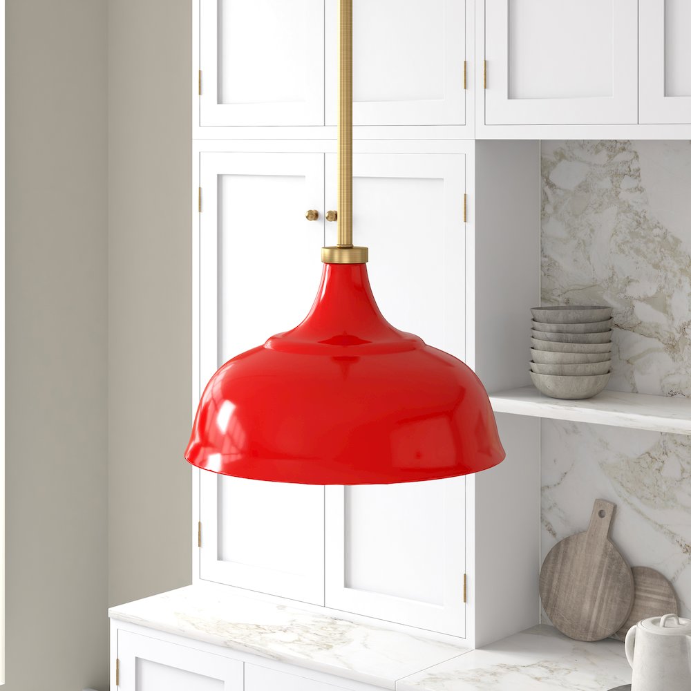 Mackenzie  10.75" Wide Pendant with Metal Shade in Poppy Red/Brass/Poppy Red