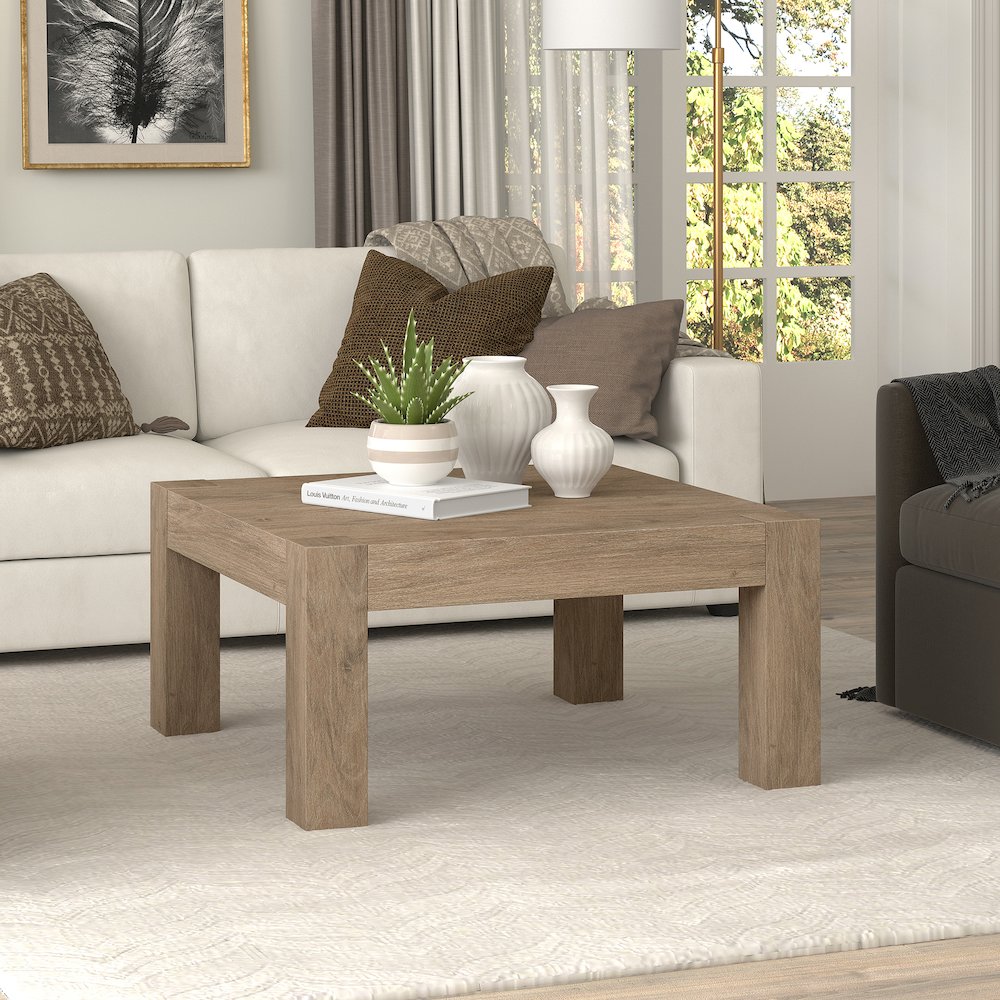 34" Square Coffee Table with Wood Top, Weathered Gray