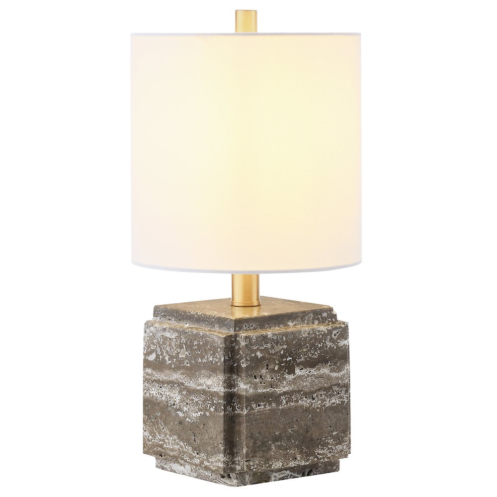 Pacha 16" Tall Stone Table Lamp with Fabric Shade in Gray Veined Travertine
