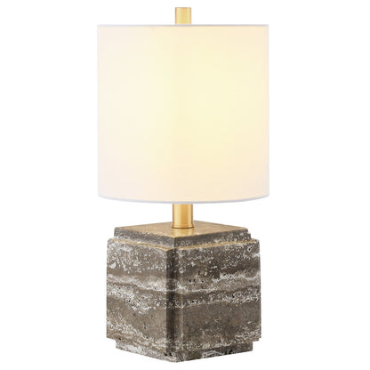 Pacha 16" Tall Stone Table Lamp with Fabric Shade in Gray Veined Travertine