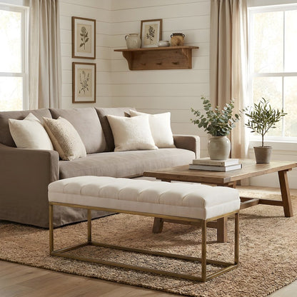 Fabric-Upholstered Dining Bench with Channel-Stitched Seat, Shortbread