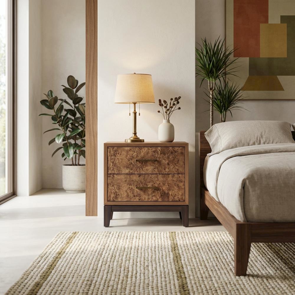 Walnut Nightstand with Sturdy Legs and Veneer Finish for Bedroom Storage