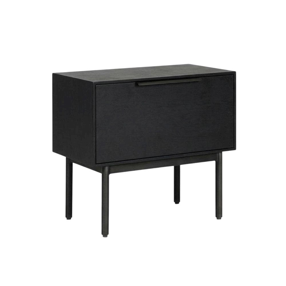 Black modern nightstand with mahogany wood veneer and spacious drawer