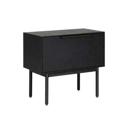Black modern nightstand with mahogany wood veneer and spacious drawer