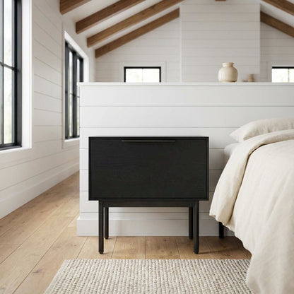 Black modern nightstand with mahogany wood veneer and spacious drawer