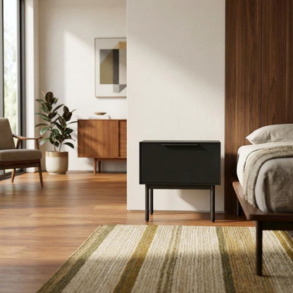 Black modern nightstand with mahogany wood veneer and spacious drawer
