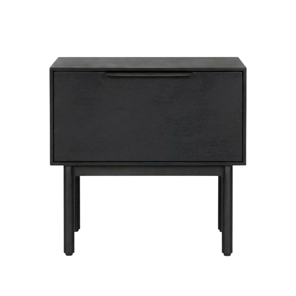 Black modern nightstand with mahogany wood veneer and spacious drawer
