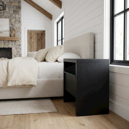 Contemporary Black Nightstand with Mahogany Solid & Oak Veneer Finish