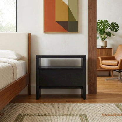 Contemporary Black Nightstand with Mahogany Solid & Oak Veneer Finish